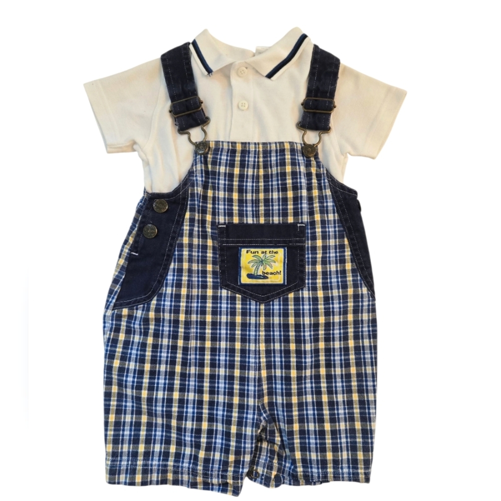 Vintage Y2k Fun At The Beach Plaid Shorts Overalls W/ White Polo Shirt 2pc Set